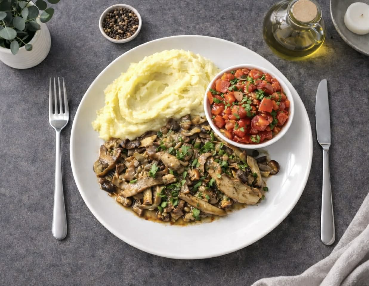 Hlíva ústřičná na česneku s bramborovou kaší