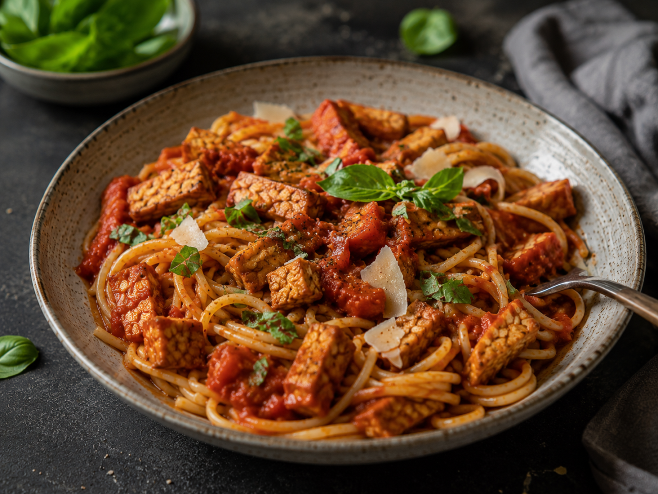 Marinovaný tempeh s rajčatovou omáčkou a špagetami