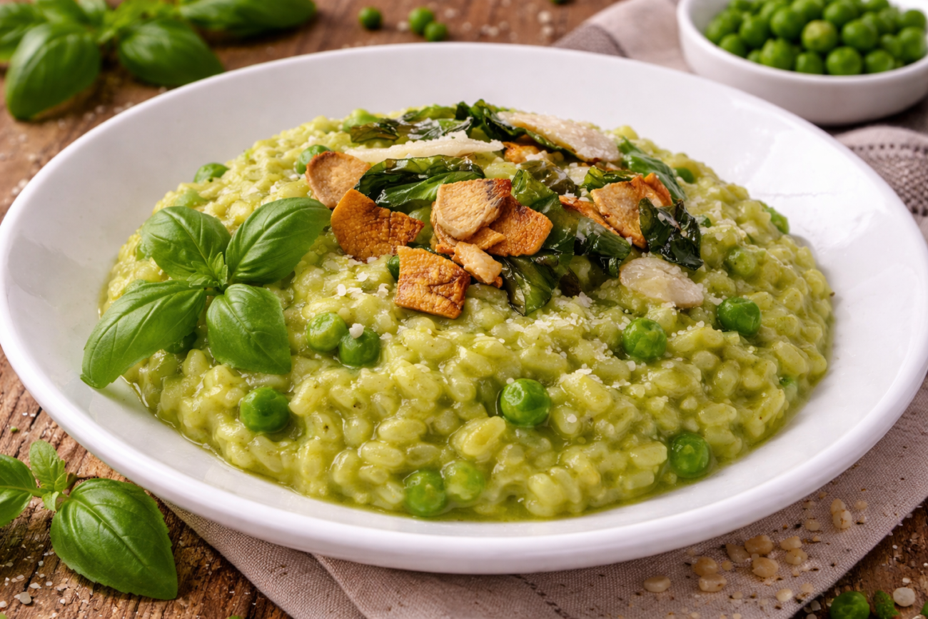 Risotto s hráškovým pyré a restovaným česnekem