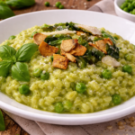 Risotto s hráškovým pyré a restovaným česnekem