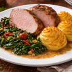 Vepřová panenka s bramborovými pusinkami a listovým špenátem