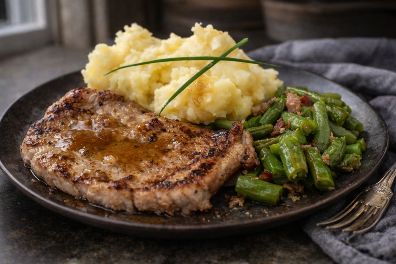 Vepřový plátek s bramborovou kaší a zelenými fazolkami