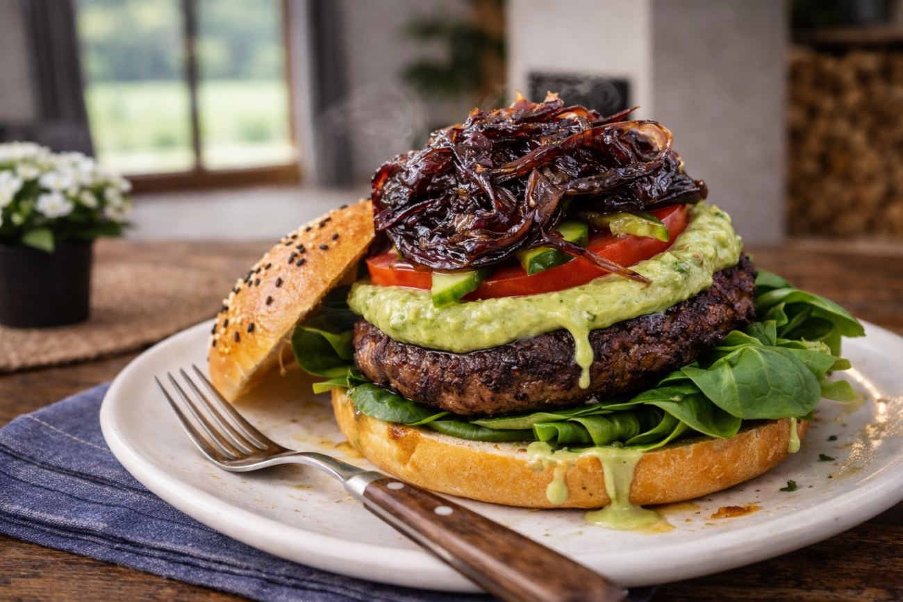 Hamburger s domácími bulkami a karamelizovanou cibulí