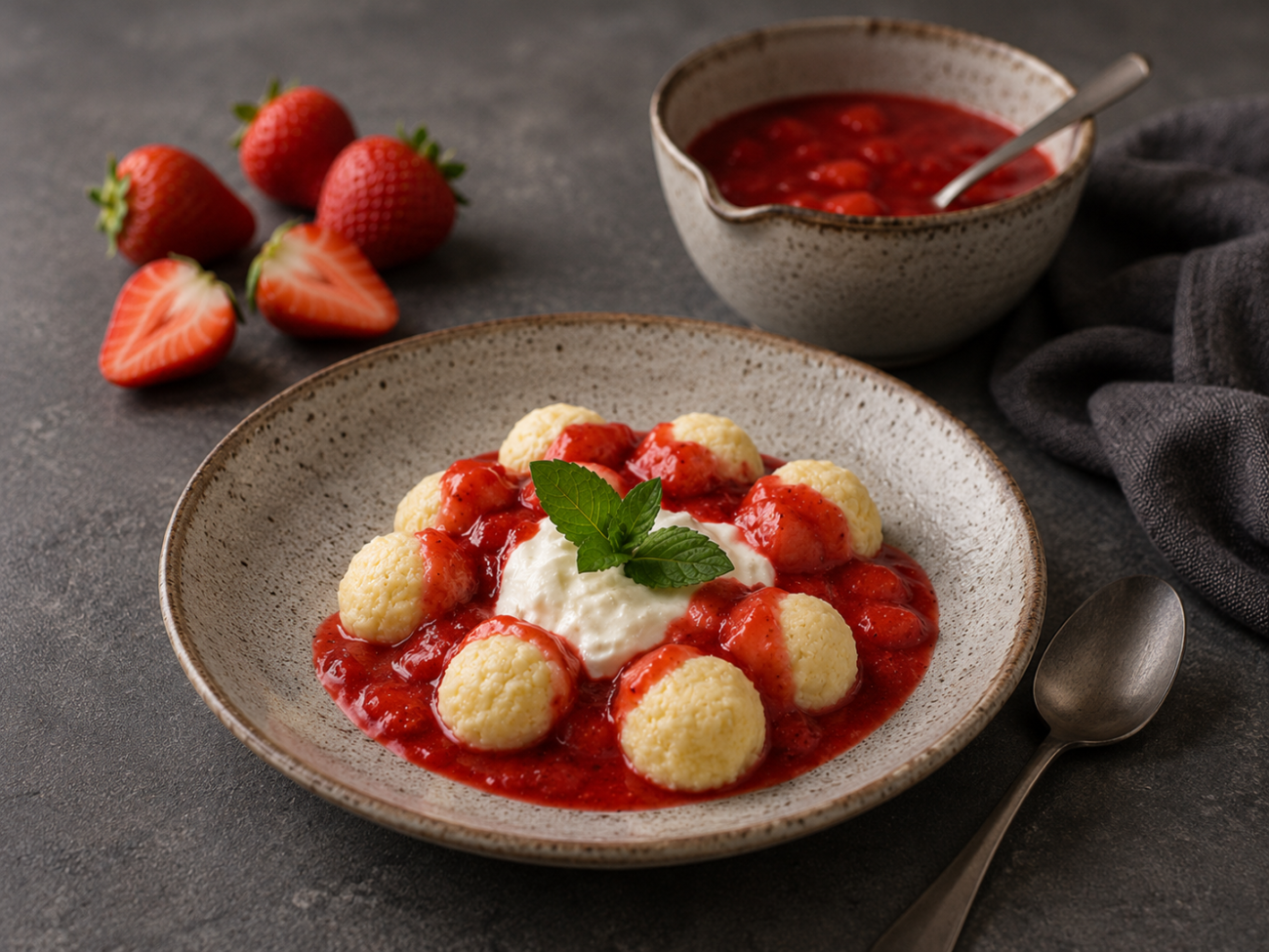 Tvarohové knedlíčky s jahodovým přelivem