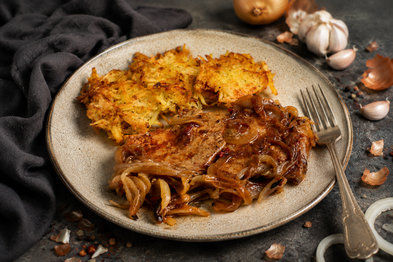 Vepřové kotletky na cibuli s bramborovými rösti