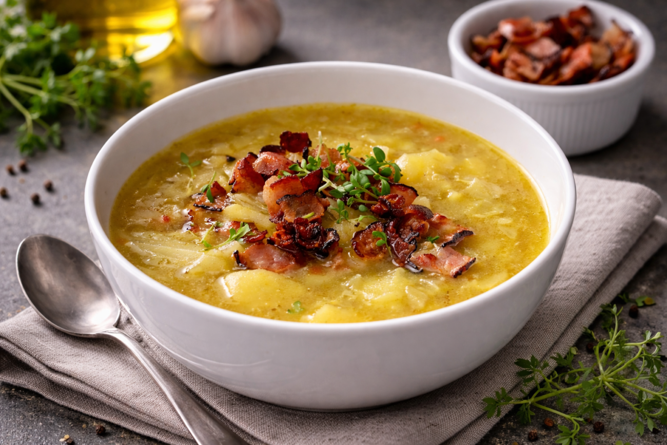Bramborová polévka se zelím a restovanou slaninou