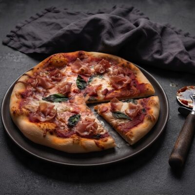 Domácí pizza se šunkou, rajčatovou omáčkou, mozzarellou a čerstvou bazalkou na zlatavém těstě