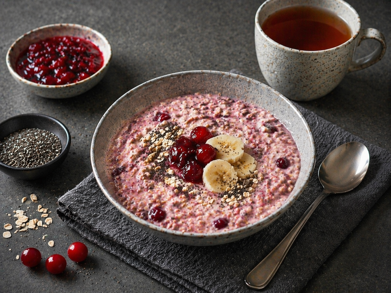 Jogurtová cereální snídaně s banánem, brusinkami a chia