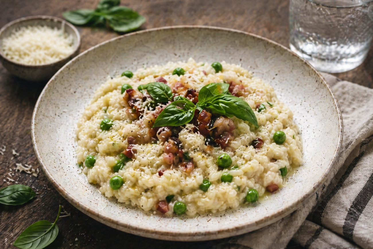 Krémové risotto s hráškem a pancettou