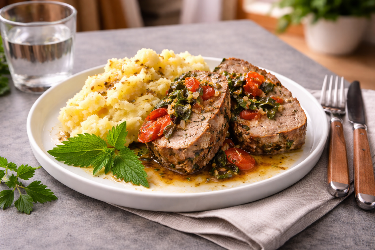 Sekaná s kopřivami a bramborovou kaší