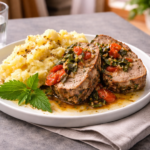 Sekaná s kopřivami a bramborovou kaší