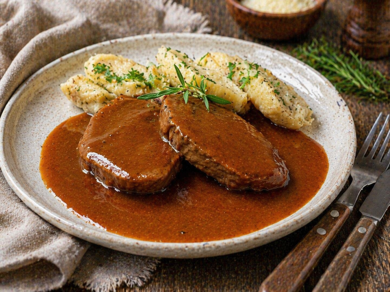 Srnčí kýta se šípkovou omáčkou a karlovarským knedlíkem