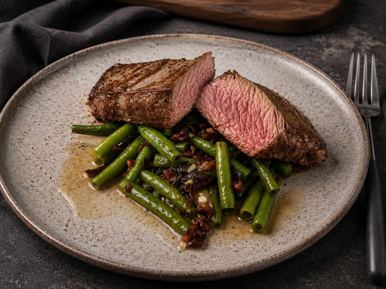 Hovězí flap steak se zelenými fazolkami