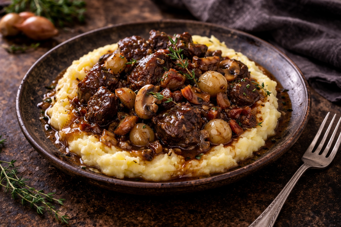 Hovězí po burgundsku s bramborovým pyré