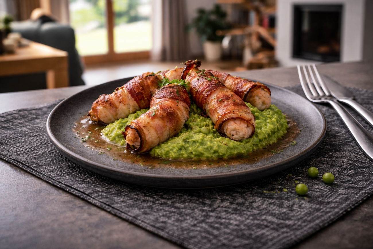 Kuřecí rohlíčky s hráškovým pyré