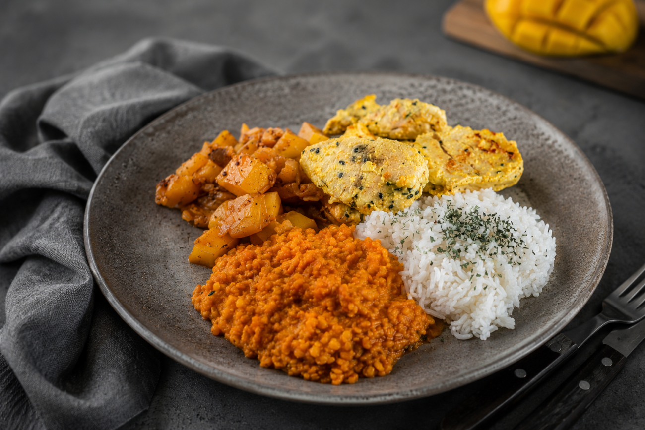 Yellow dal, mangové čatní a panenka v jogurtu
