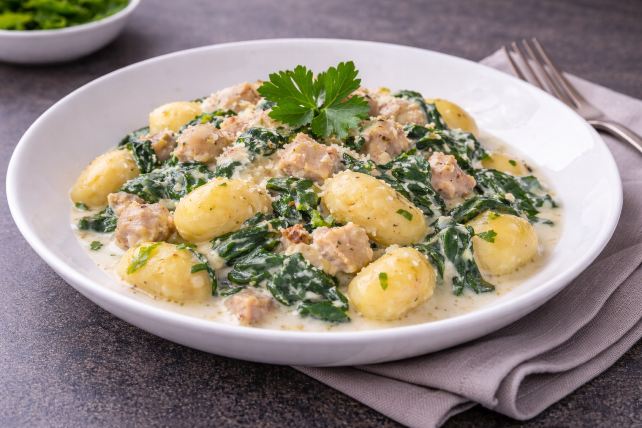 Bramborové gnocchi s krůtím masem a špenátem