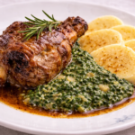 Jehněčí na česneku se špenátem a bramborovým knedlíkem