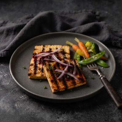 Grilované tofu s barbecue omáčkou, proužky červené cibule a zeleninovou přílohou na tmavém talíři