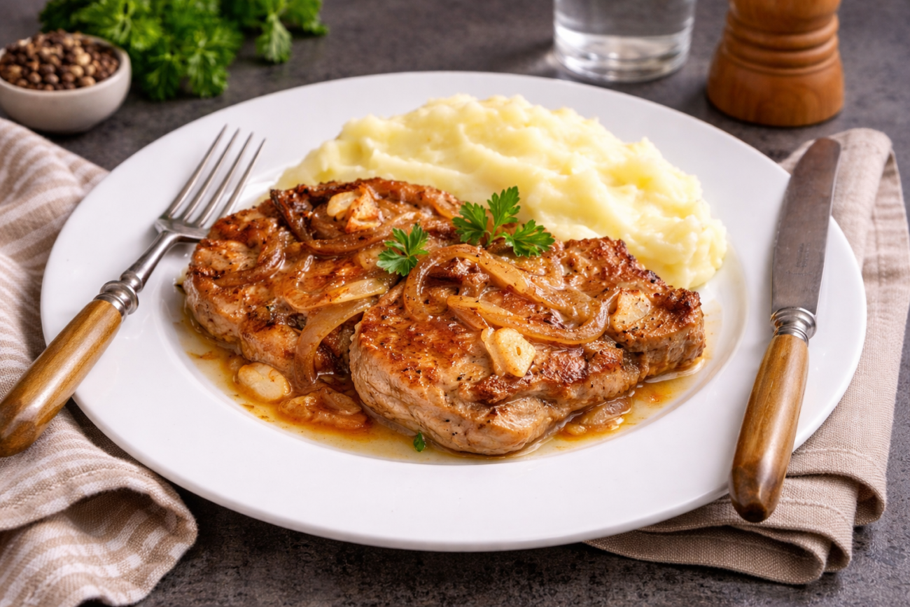 Kotlety zapečené s cibulí a smetanou