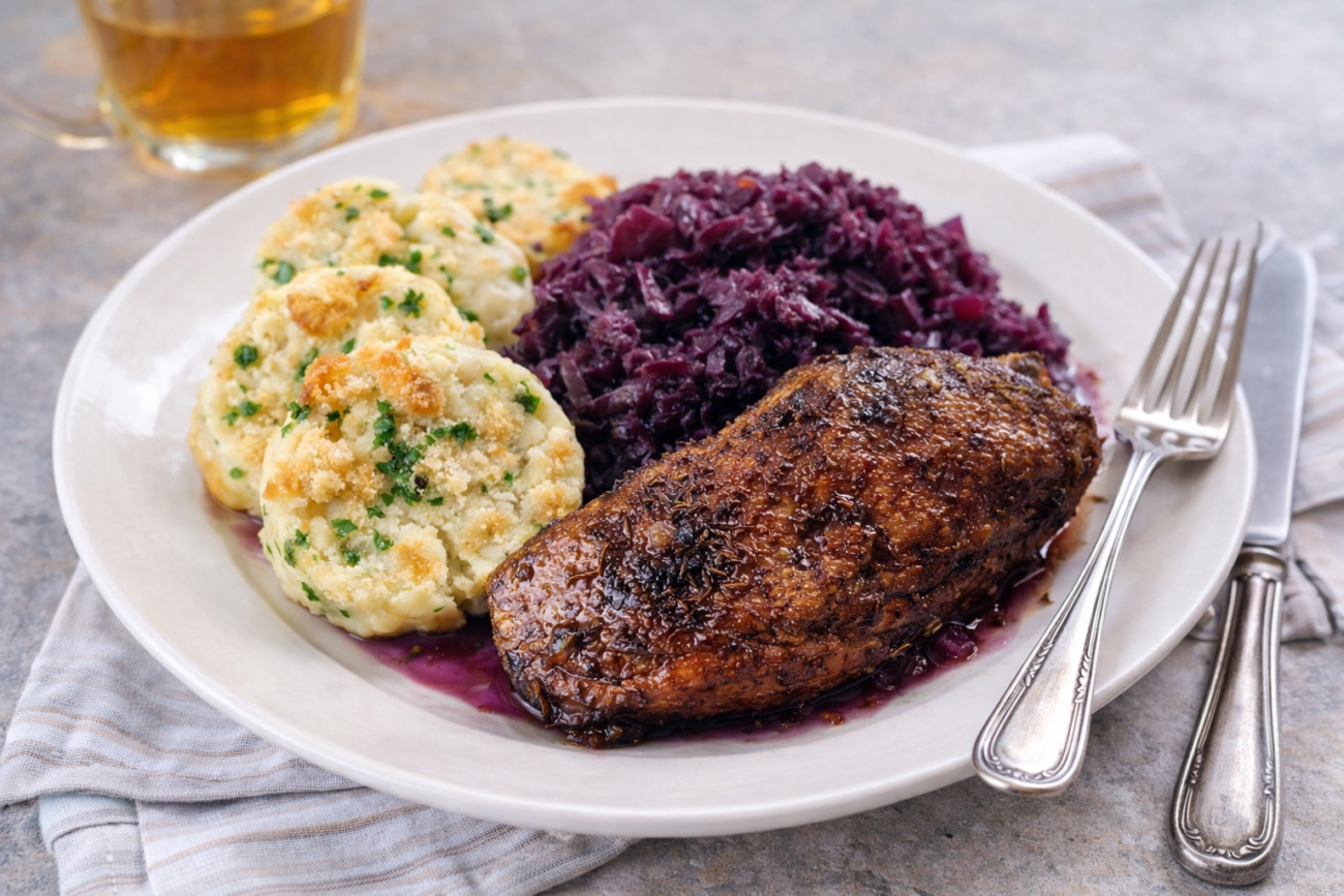 Pečená husí prsa se zelím a karlovarským knedlíkem