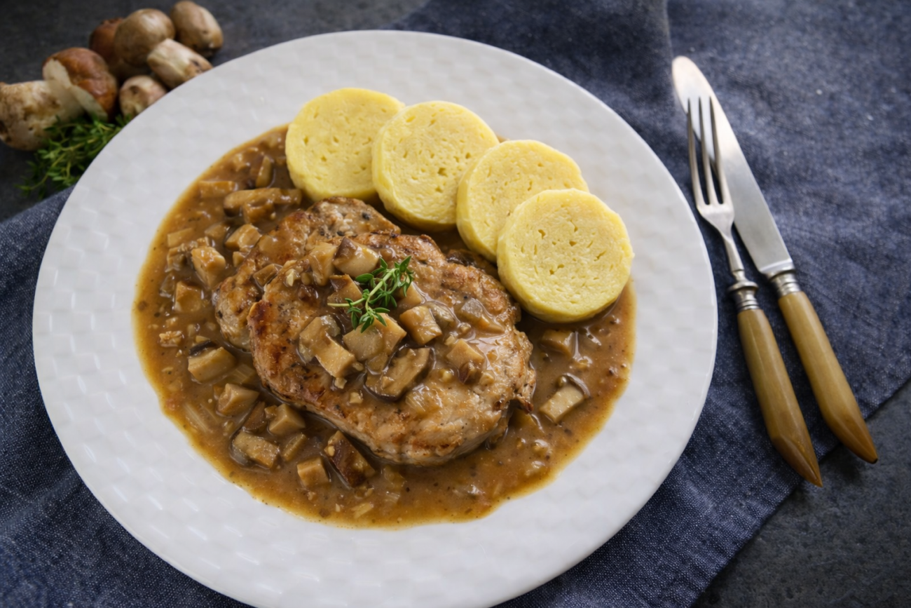 Kotlety na hříbkách s bramborovým knedlíkem