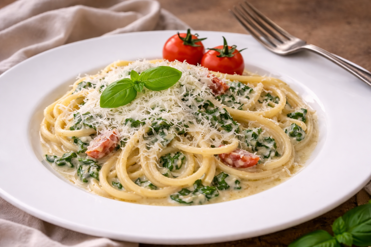 Špagety se smetanovým špenátem