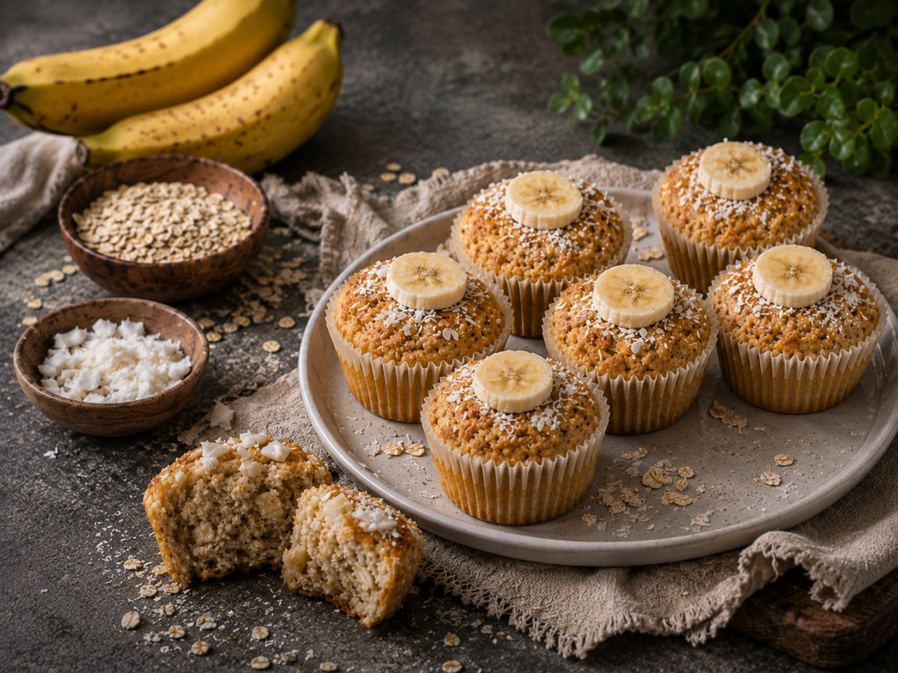 Tvarohové muffiny z ovesných vloček s banánem a kokosem