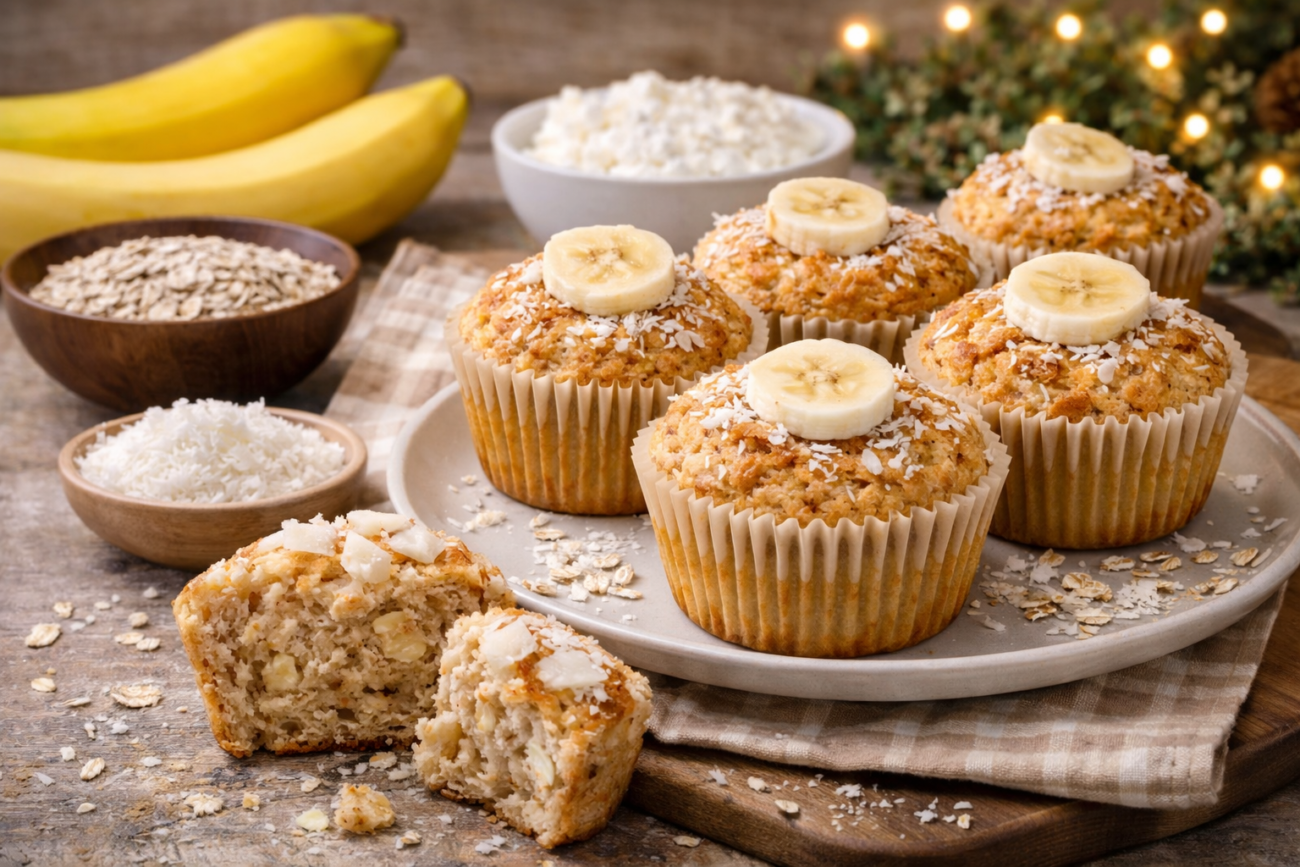 Tvarohové muffiny z ovesných vloček s banánem a kokosem