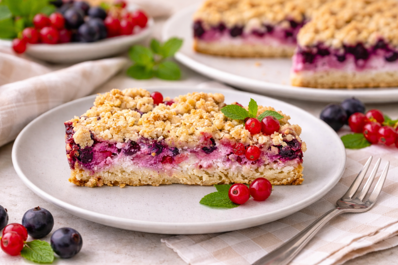 Drobenkový koláč s tvarohem, rybízem a muchovníkem