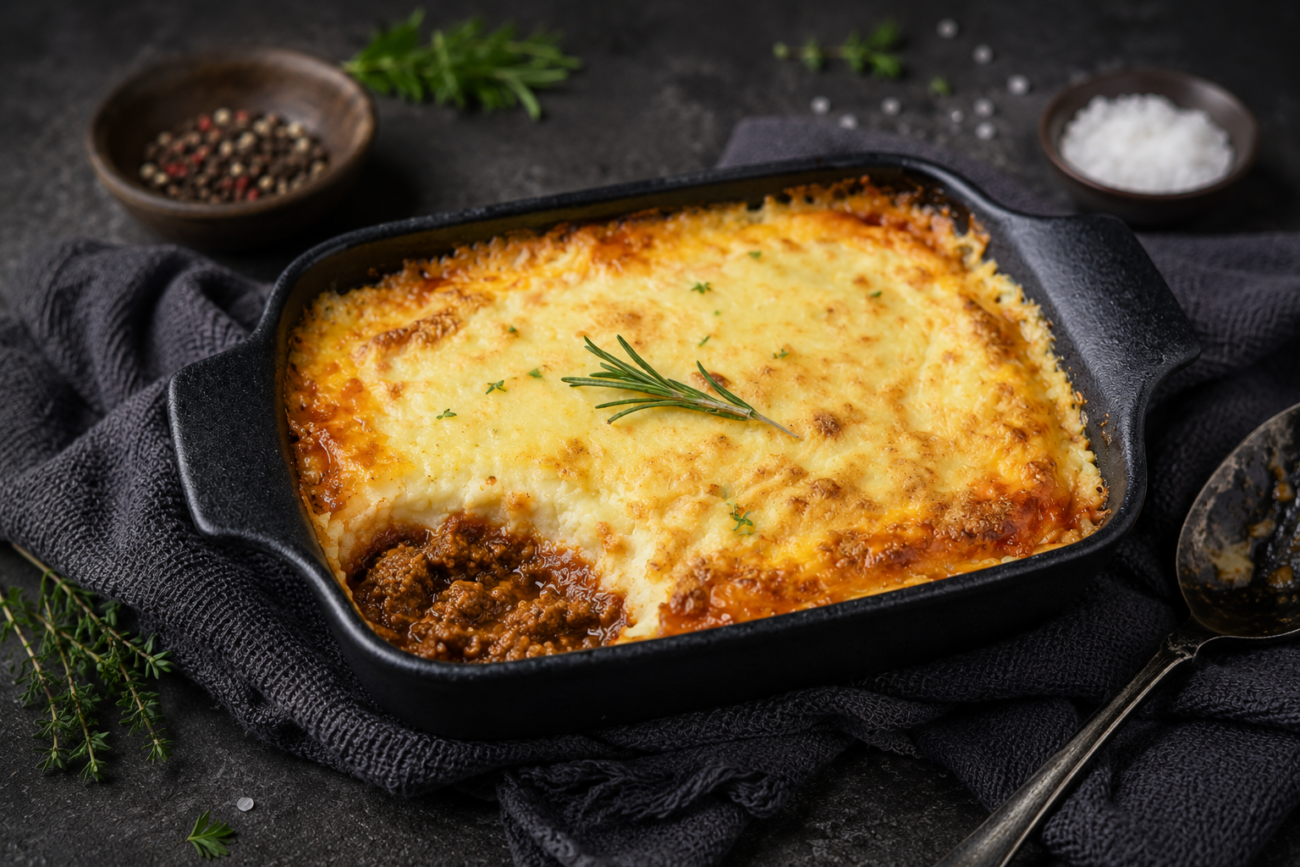 Ragú z mletého masa zapečené s bramborovým pyré