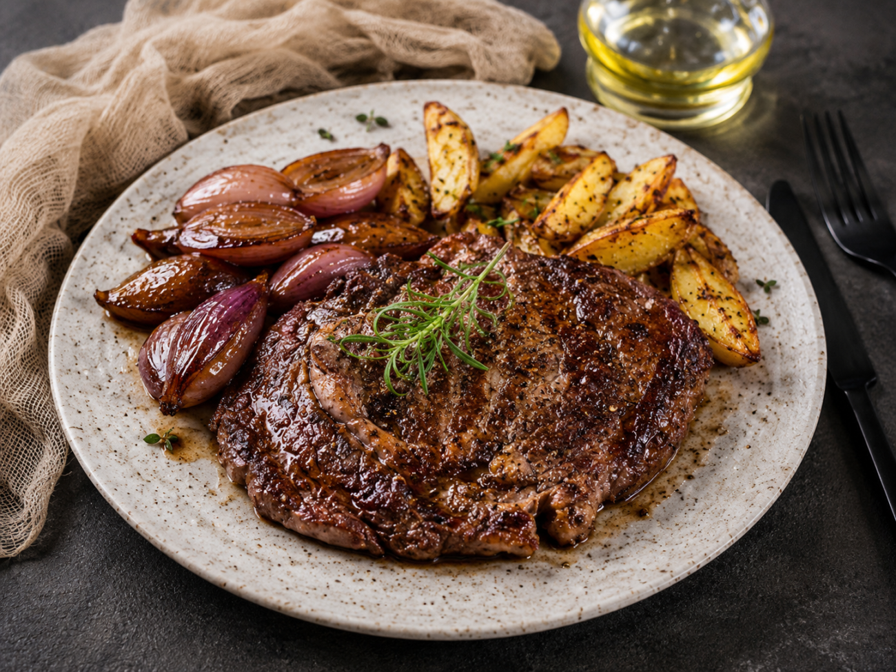 Hovězí steak s pečenými brambory a glazovanou šalotkou