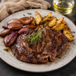 Hovězí steak s pečenými brambory a glazovanou šalotkou