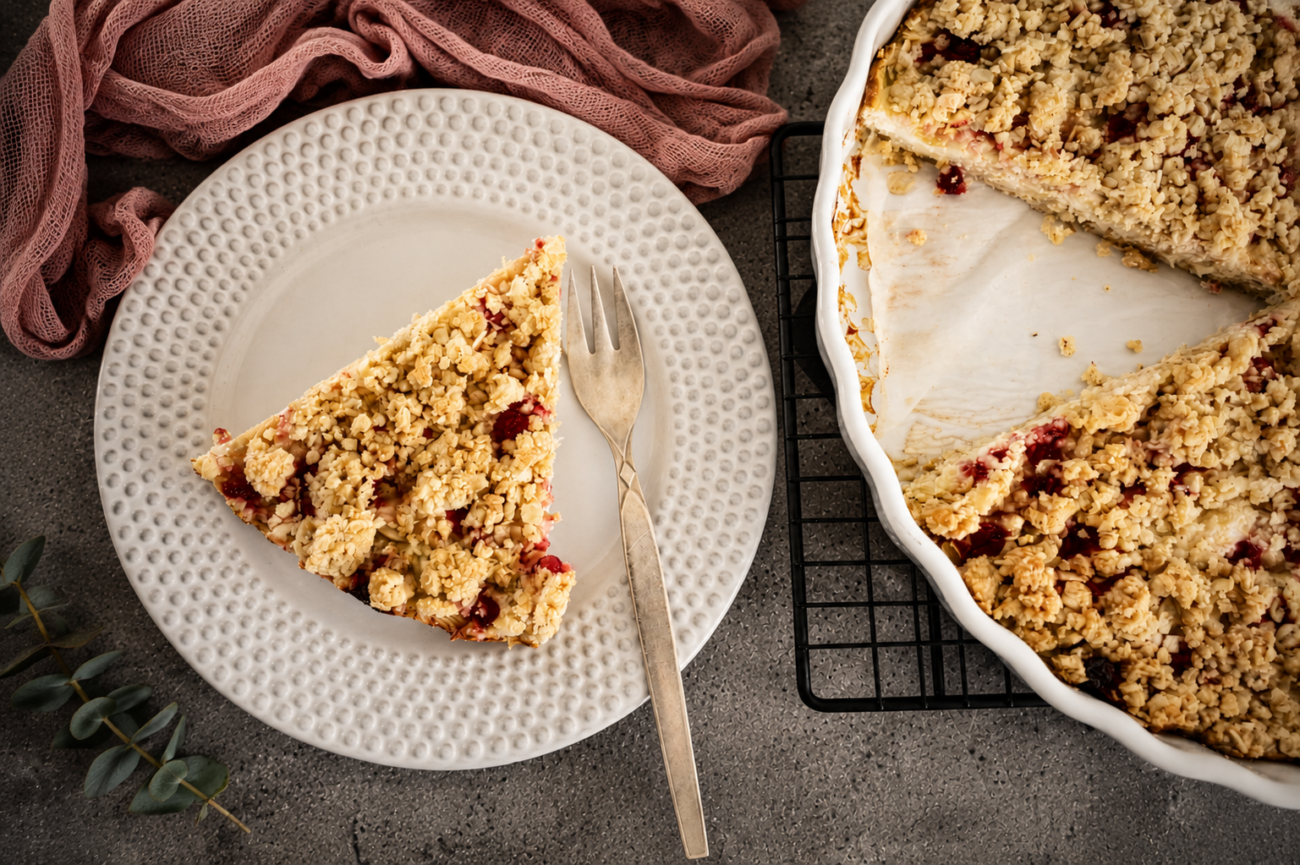 Crumble koláč s tvarohem a rebarborou