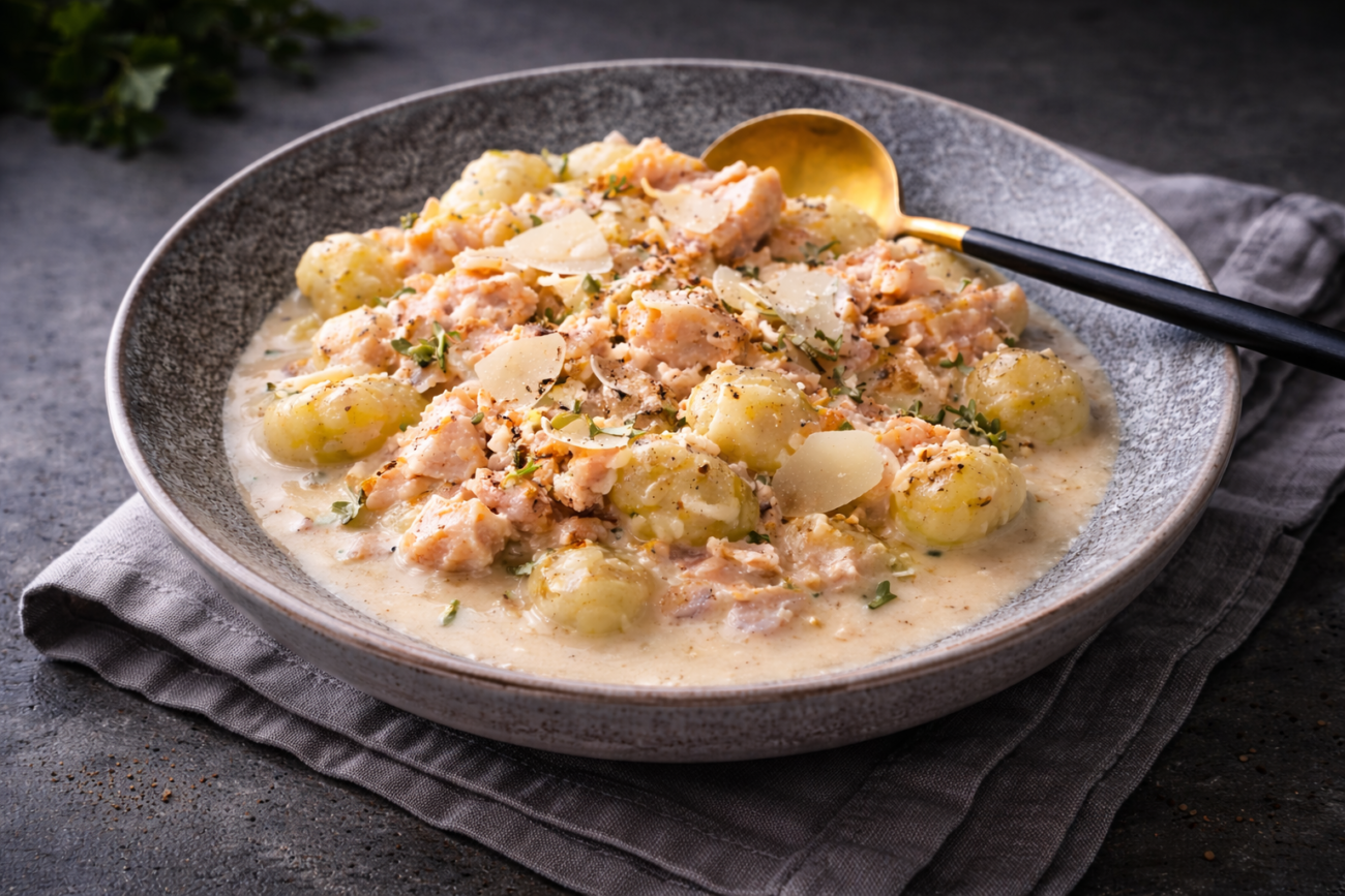 Bramborové gnocchi s lososem a smetanovo-sýrovou omáčkou