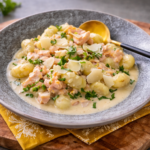 Bramborové gnocchi s lososem a smetanovo-sýrovou omáčkou