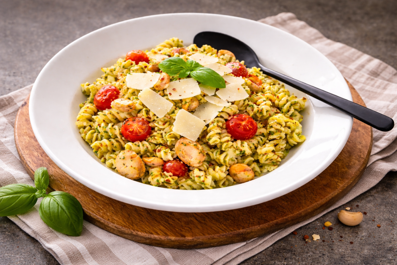 Těstoviny s bazalkovým pestem a kuřecím masem