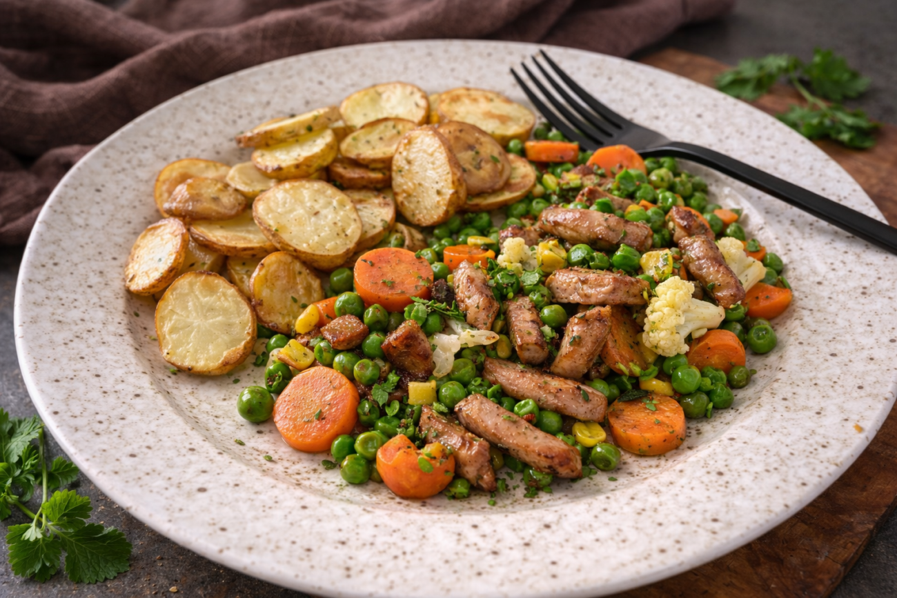 Vepřové nudličky v máslové zelenině s bramborovými dukátky