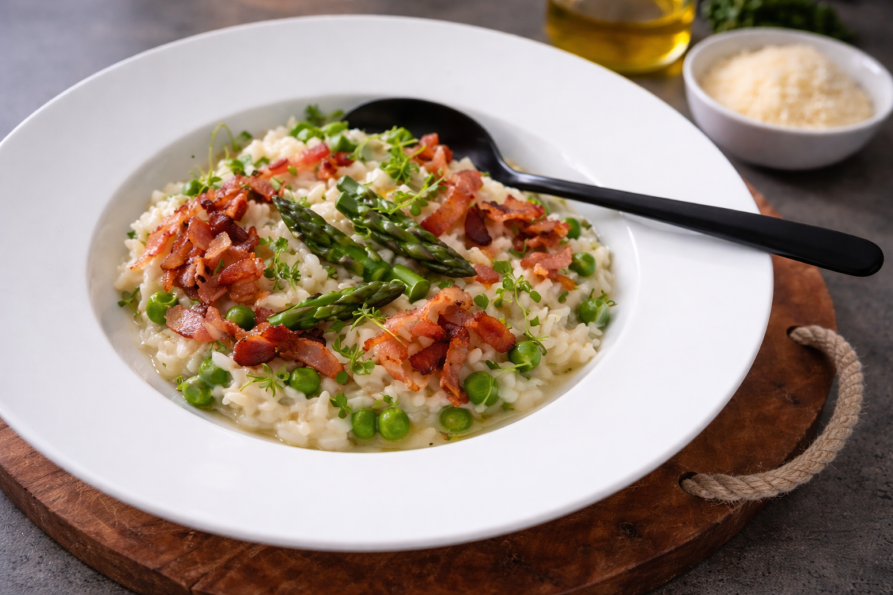 Italské risotto s chřestem, hráškem a slaninou