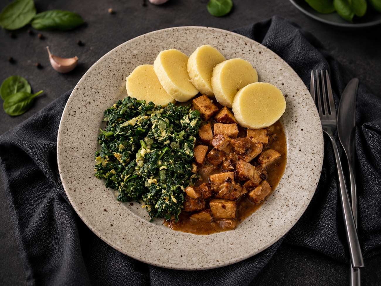 Uzený tempeh na česneku se špenátem a bramborovým knedlíkem