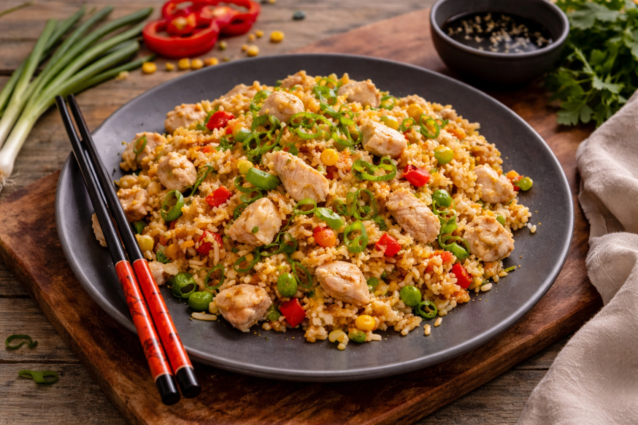 Smažená rýže se zeleninou a krůtím masem