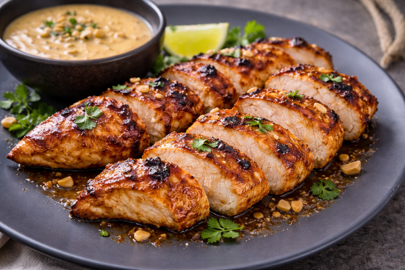 Grilované kuřecí satay s arašídovým dipem