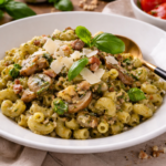 Těstoviny se žampióny a bazalkovým pestem