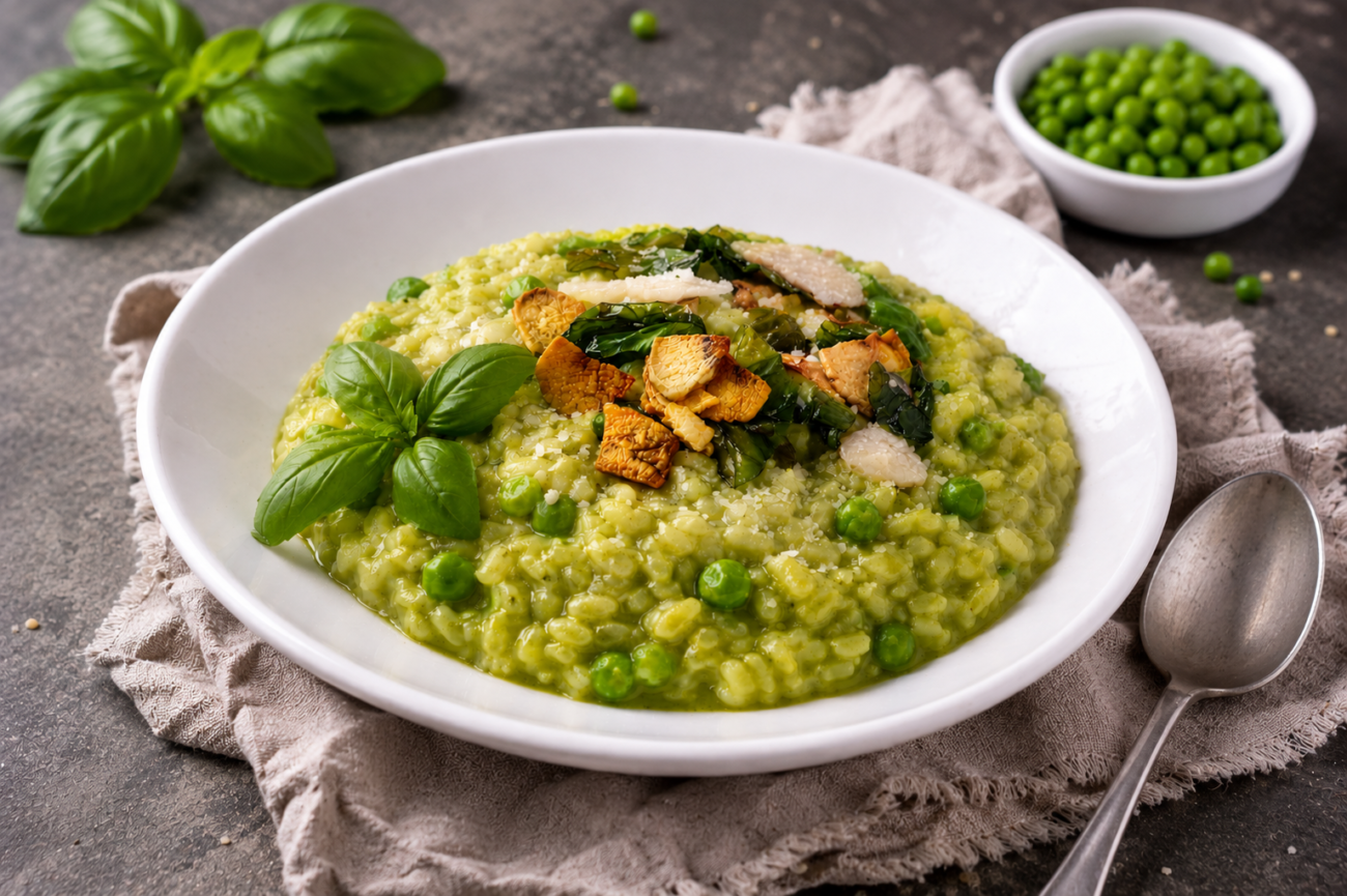 Risotto s hráškovým pyré a restovaným česnekem