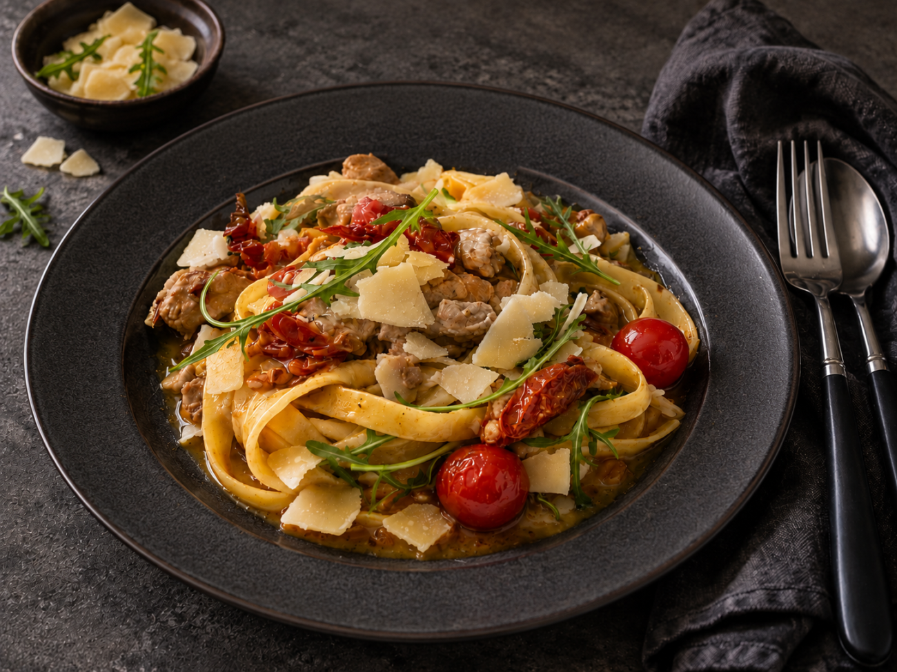 Tagliatelle s vepřovou panenkou a rajčaty