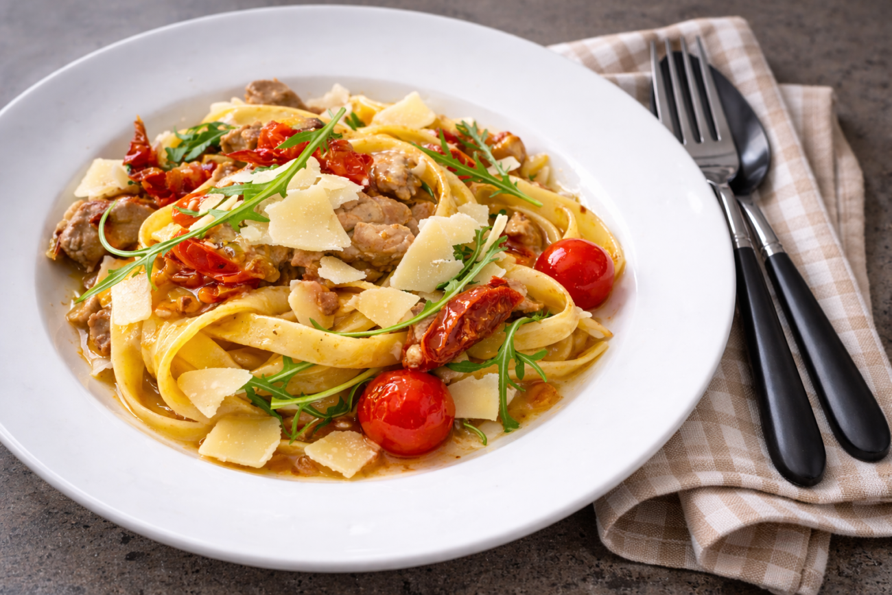 Tagliatelle s vepřovou panenkou a rajčaty