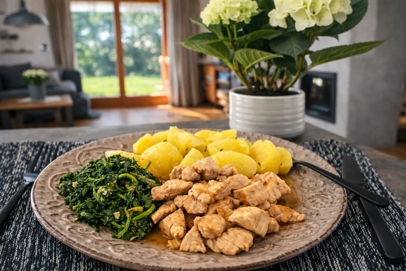 Krůtí nudličky na česneku se špenátem a bramborem