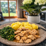 Krůtí nudličky na česneku se špenátem a bramborem