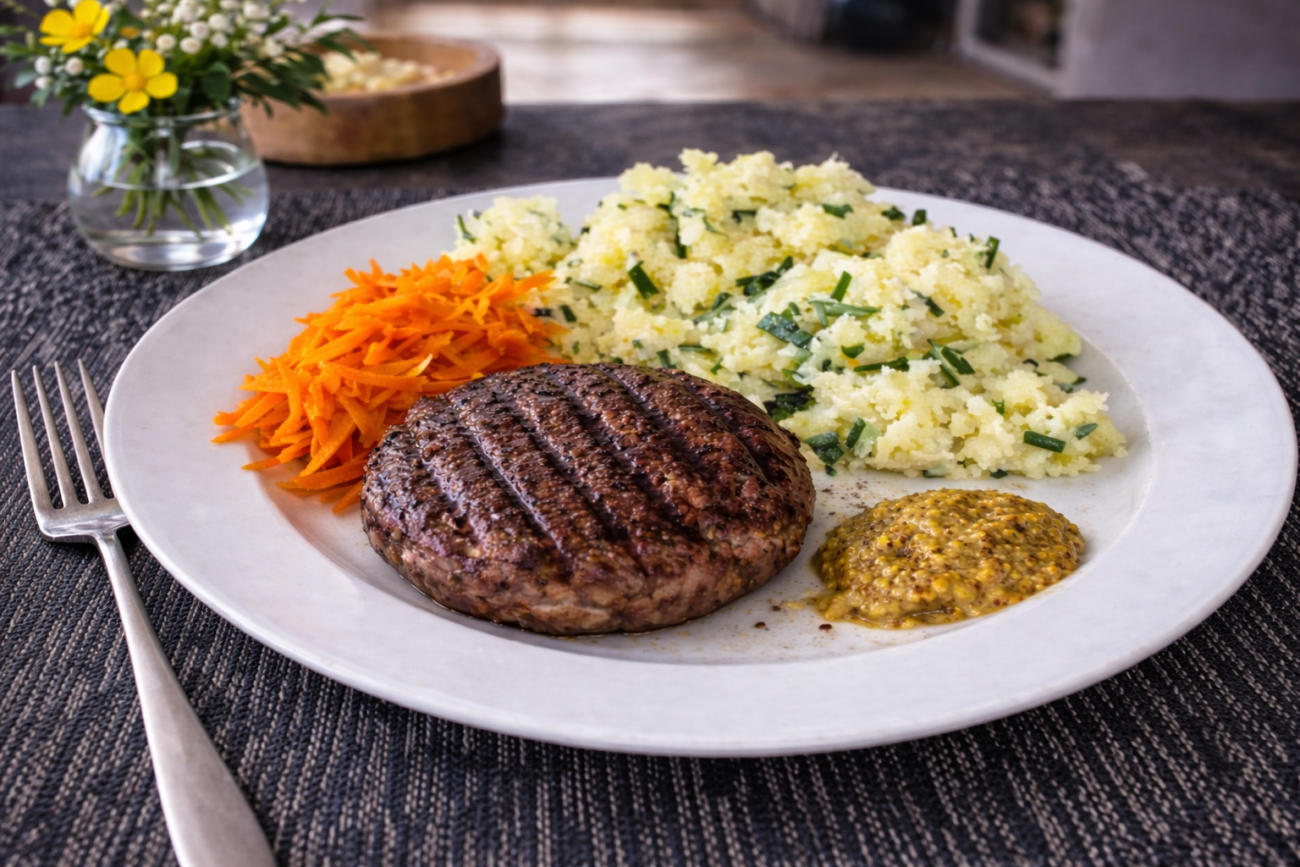 Šťouchané brambory s bylinkami a hamburger