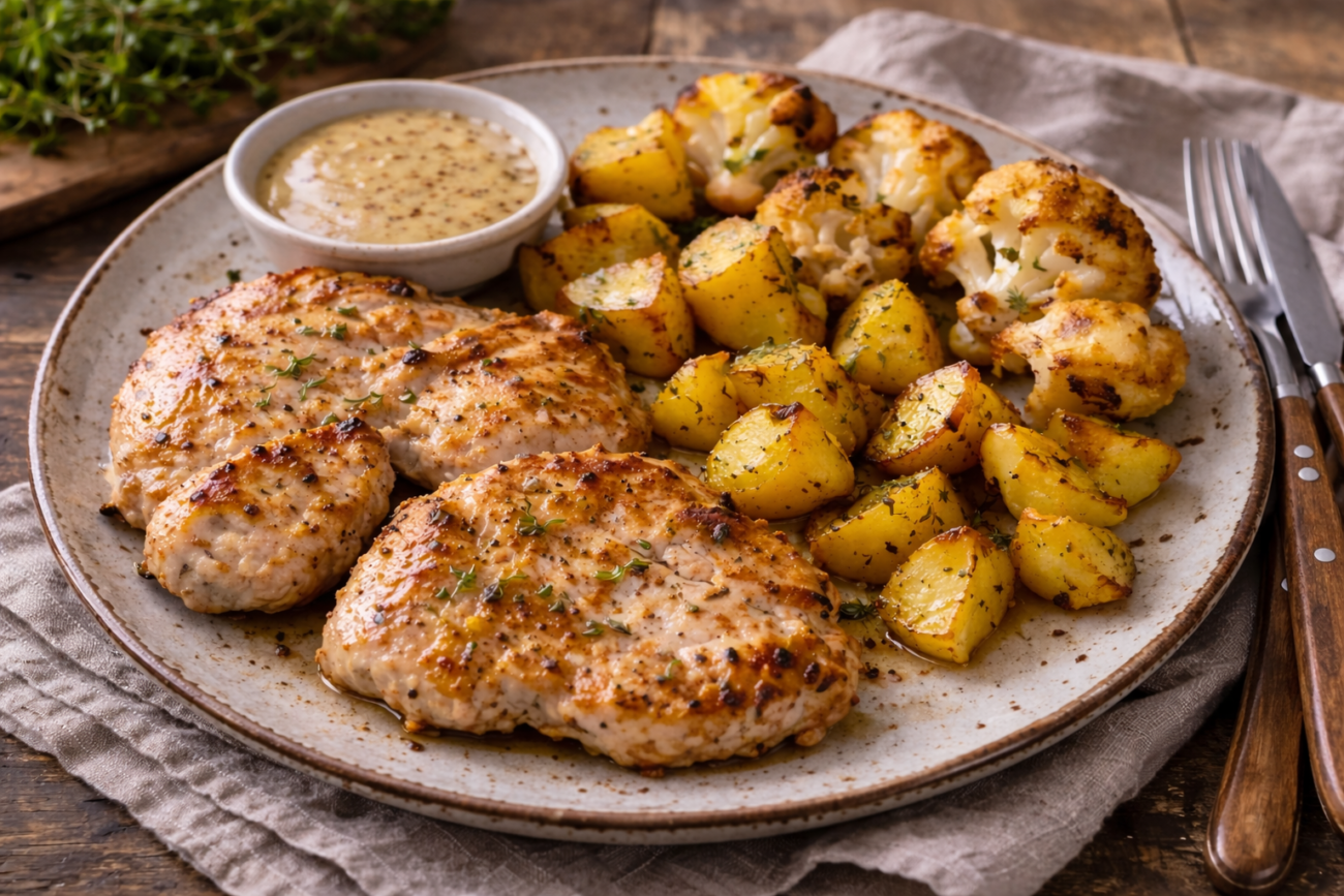 Krůtí plátky s pečeným bramborem a květákem